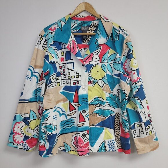 Additions by Chicos Boat Harbor Print Jacket Sz 3 XL Artsy Cotton Blend Long Slv - Picture 1 of 12